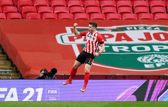 We Are Sunderland: Lynden Gooch celebrates after scoring the winner in the Papa John's Trophy Final. We Are Sunderland: Lynden Gooch celebrates after scoring the winner in the Papa John's Trophy Final.