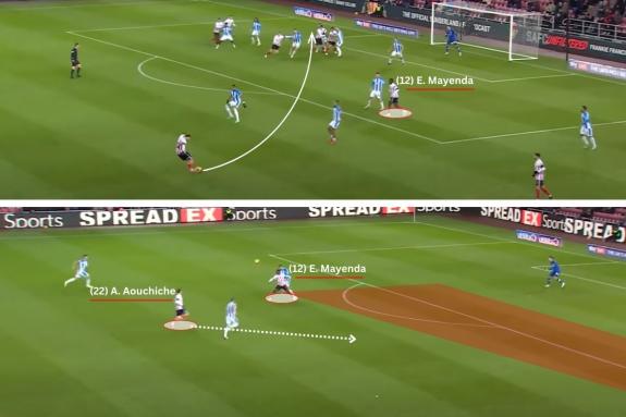 We Are Sunderland: Eliezer Mayenda was handed a first start against Huddersfield but the 18-year-old was not always in the right areas to threaten (above). Mayenda did bring a similar out-ball as Ross Stewart in allowing Sunderland to go direct on occasion (below) We Are Sunderland: Eliezer Mayenda was handed a first start against Huddersfield but the 18-year-old was not always in the right areas to threaten (above). Mayenda did bring a similar out-ball as Ross Stewart in allowing Sunderland to go direct on occasion (below)