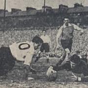 Willie Fraser, the Sunderland goalkeeper, clutches the ball at St James's Park