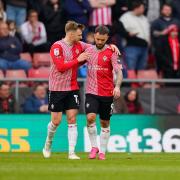 Stuart Armstrong (L) and Adam Armstrong celebrate for Southampton.
