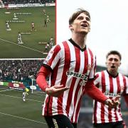 Dennis Cirkin scored one of the goals of the season for Sunderland in their 2-1 win over West Bromwich Albion in April 2023